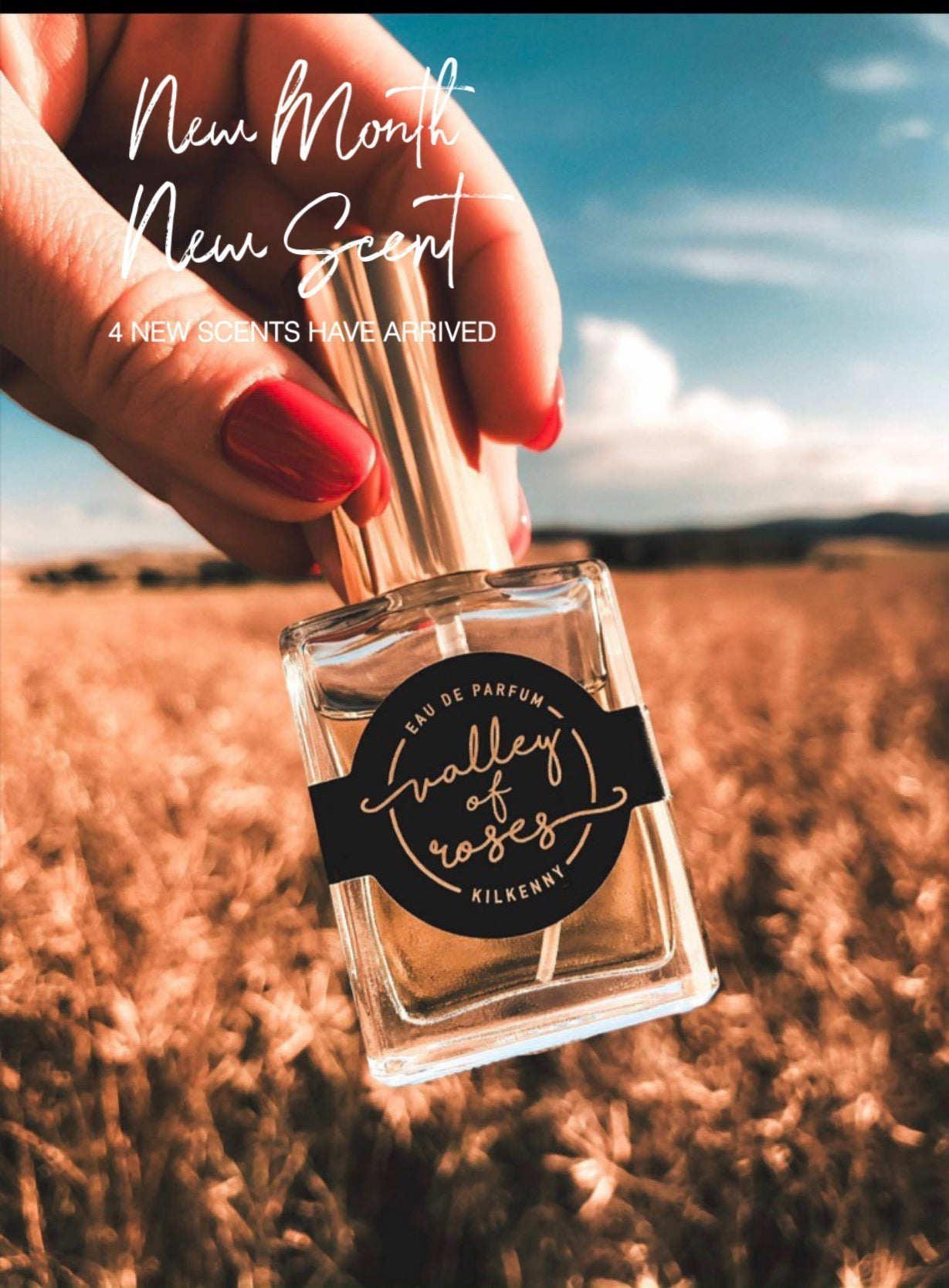 Hand holding a Valley of Roses Eau de Parfum bottle over a golden field — New Month, New Scent, 4 new scents have arrived