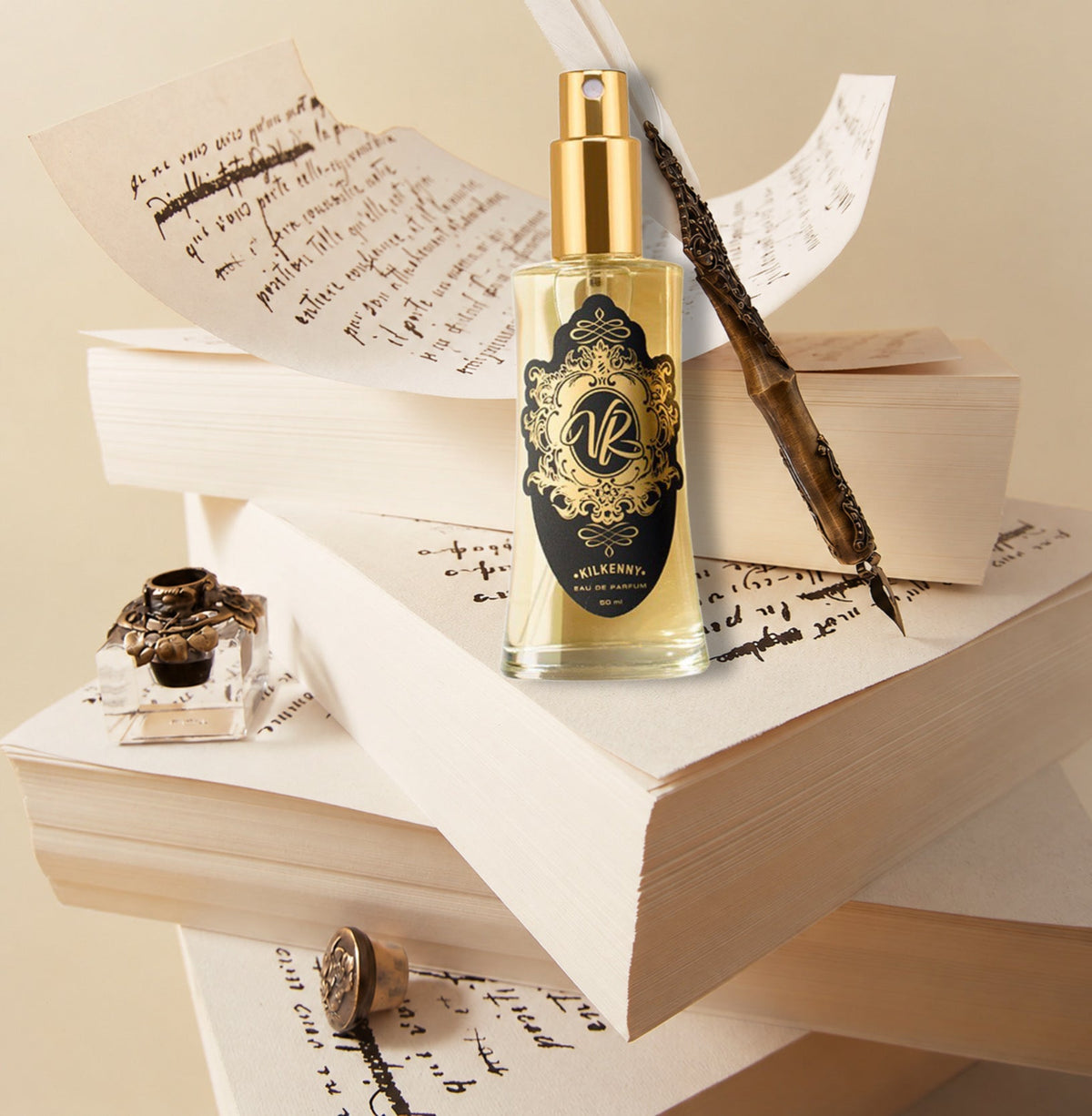 Valley of Roses Eau de Parfum bottle surrounded by vintage handwritten letters, books and a feather pen, illustrating the connection between perfume and memories.