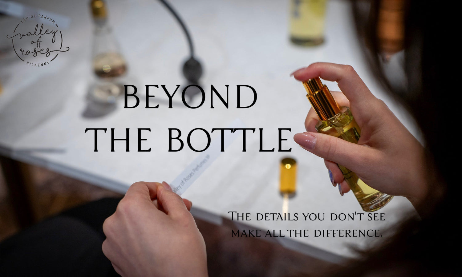 Valley of Roses Eau de Parfum bottles with gold caps, hand blended in Kilkenny, Ireland