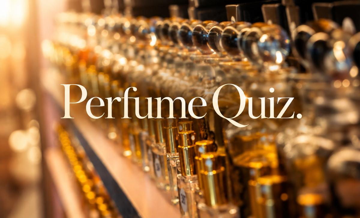 Valley of Roses perfume bottles displayed in a softly blurred, golden-lit background with elegant Perfume Quiz text, inviting customers to discover their perfect fragrance.