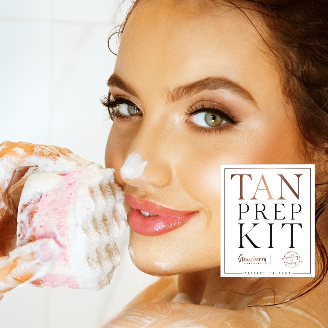 Tan Prep Kit routine: exfoliating body scrub, shower gel, and body butter steps demonstrated in a skincare routine image.