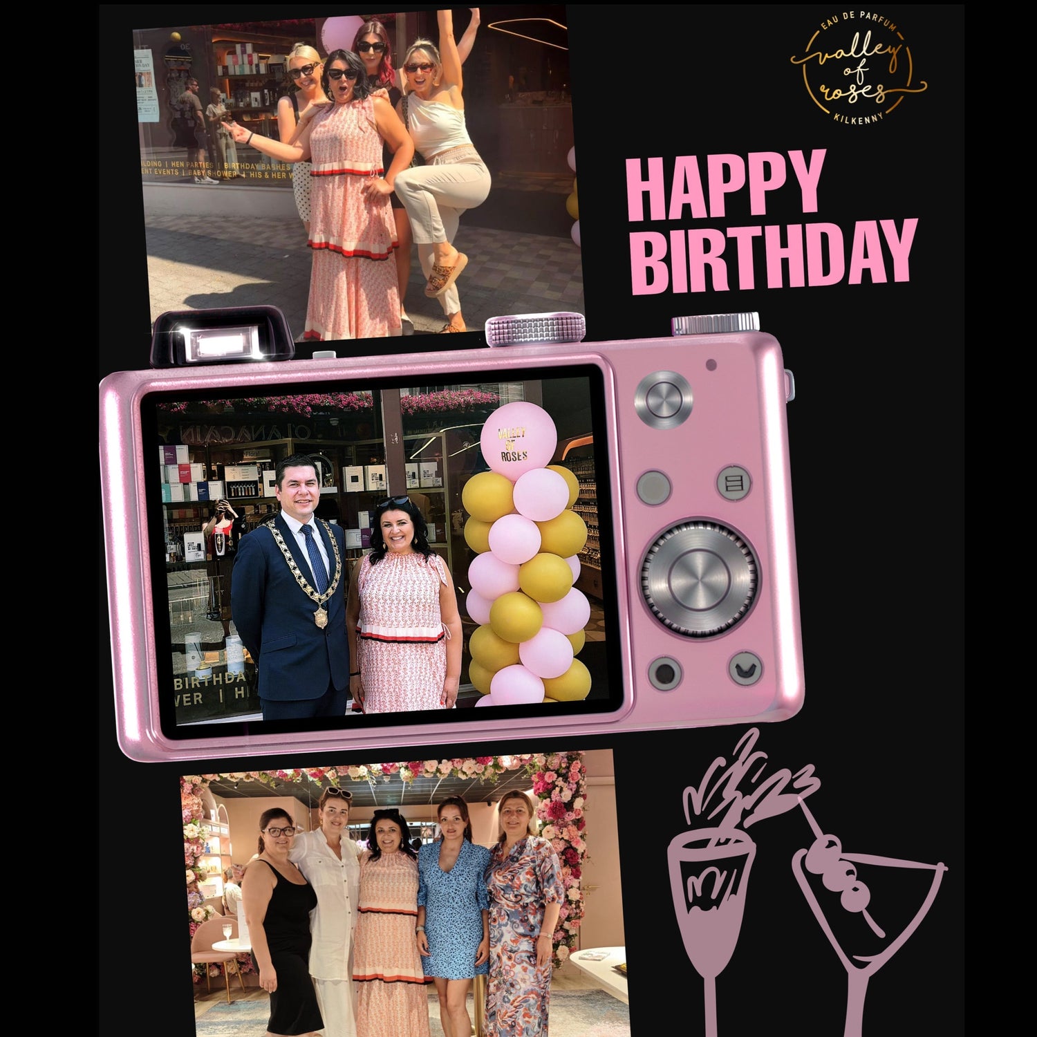 Valley of Roses 1st birthday celebration collage — team photos outside the flagship store at 5 Rose Inn Street, Kilkenny