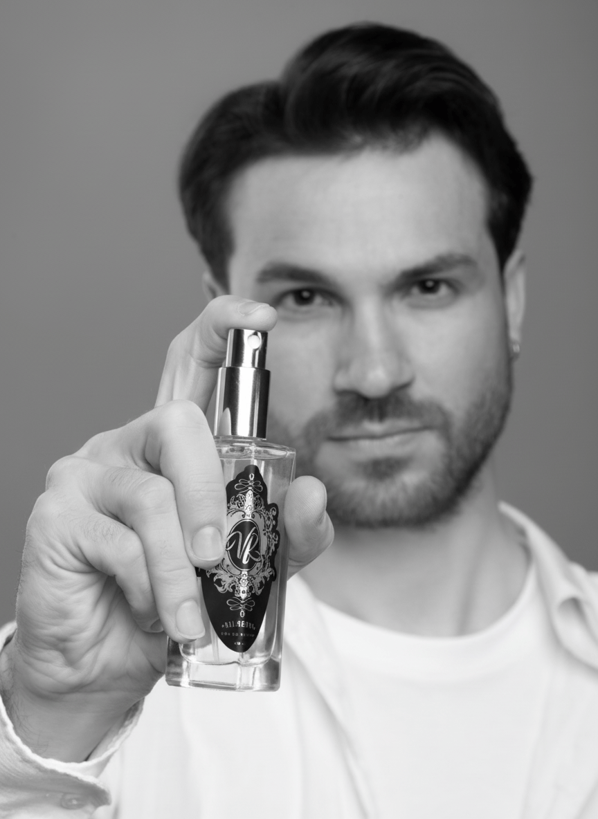 Man holding a perfume bottle with a gray background