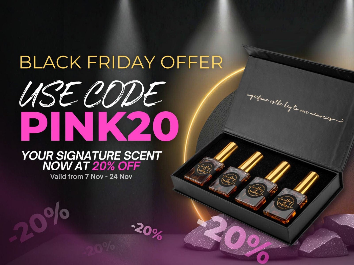 Black Friday perfume offer, use code PINK20 for 20% off signature scents, promotional image with perfume bottles.