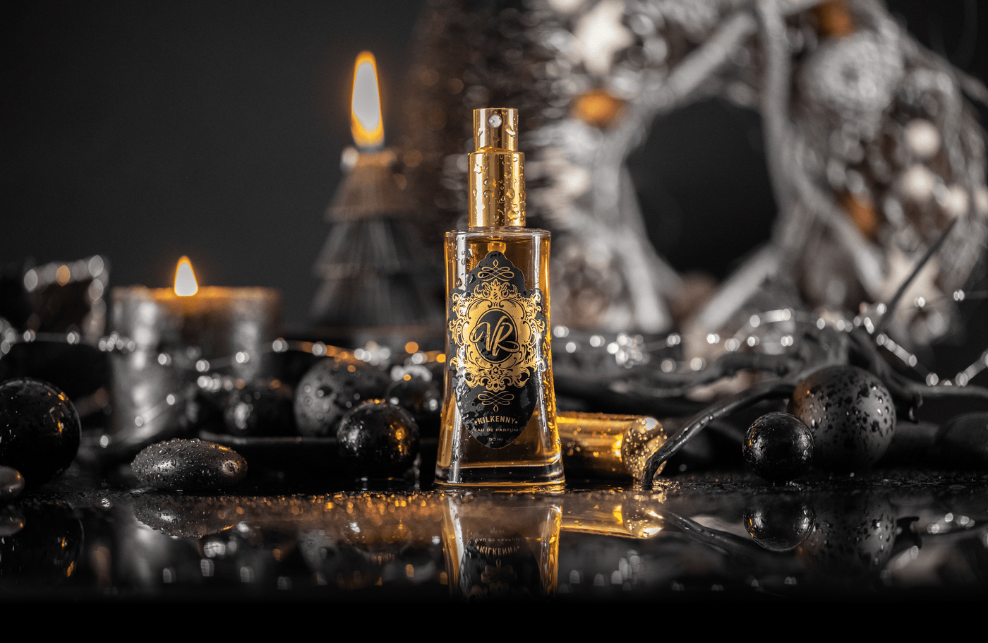 Luxury perfume bottle showcased with candles and decorative elements, perfect for gifts like Mother's Day or Valentine's.