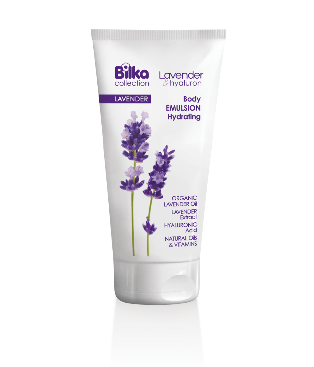 Body Emulsion Hydrating – 200 ml. Lavender body lotion with hyaluronic acid, organic oils, and natural vitamins for skincare.