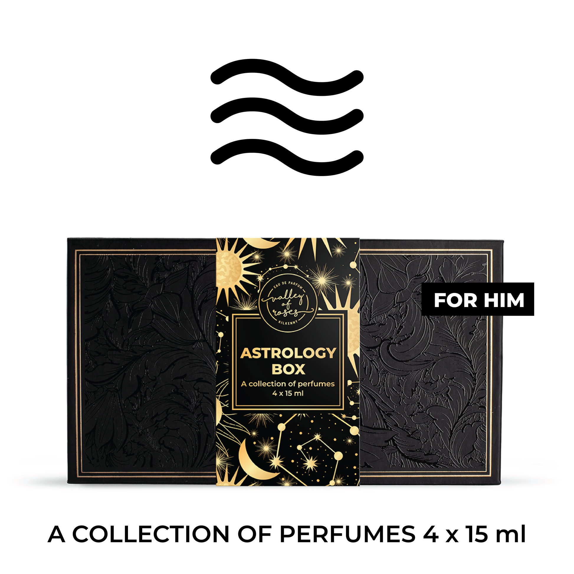 Aquarius Astrology Box for Him, a collection of 4 x 15 ml perfumes, perfect gifts for him, unique fragrances for Aquarius.