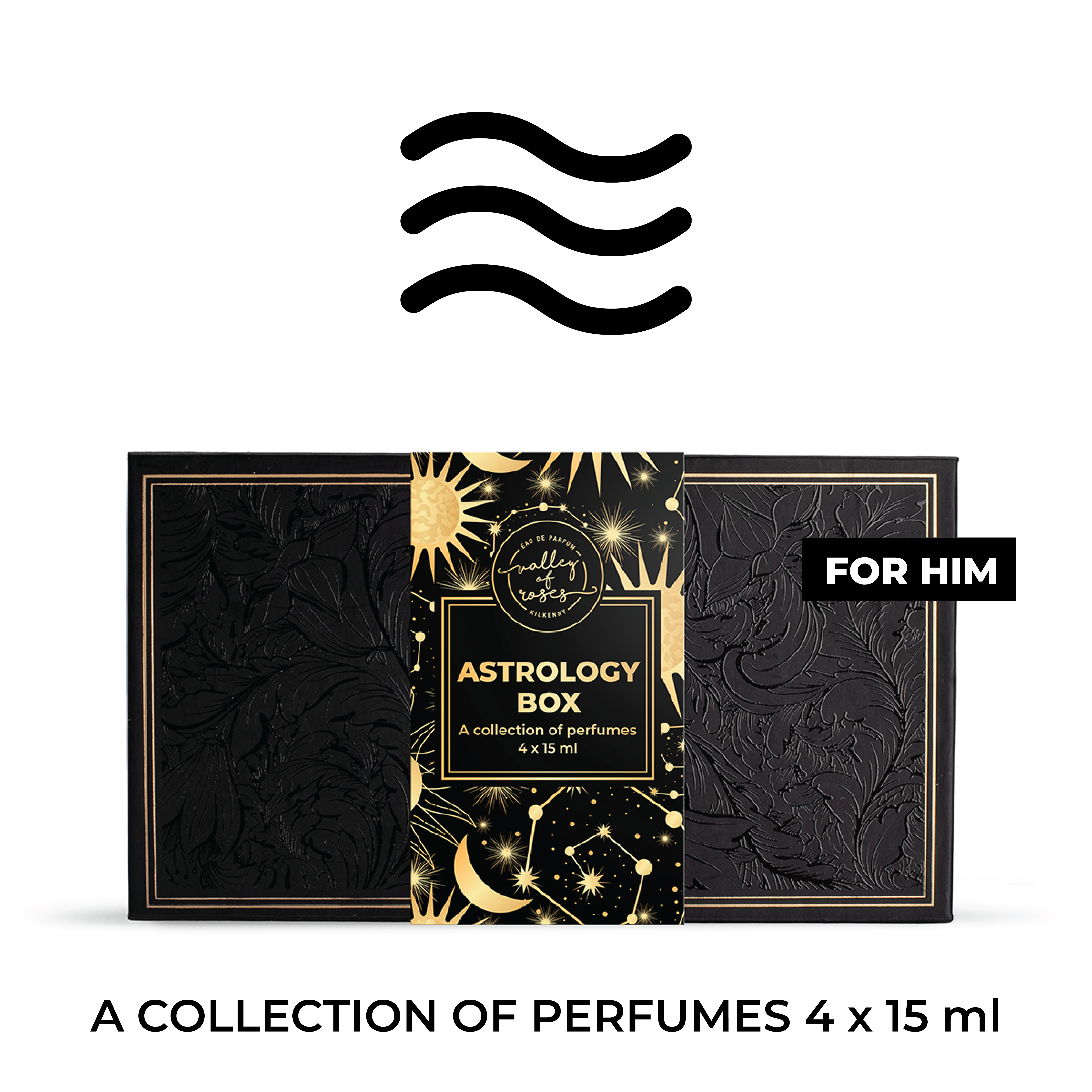 Aquarius Astrology Box for Him, a collection of 4 x 15 ml perfumes, perfect gifts for him, unique fragrances for Aquarius.