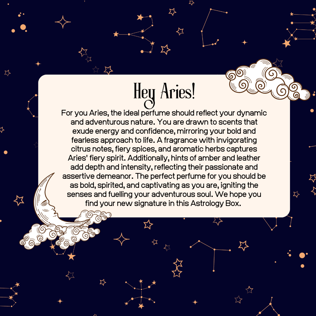 Aries Astrology Box for Her showcasing a dynamic design with moon, clouds, and stars representing bold fragrances.
