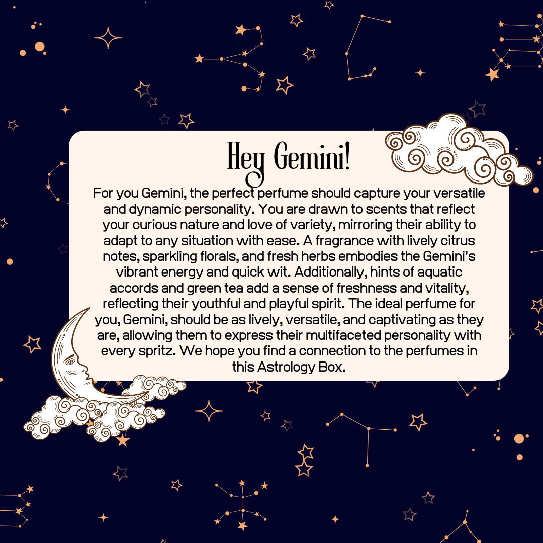 Gemini Astrology Box for Her with vibrant citrus notes, versatile fragrances, perfect gift for her, astrology perfume.