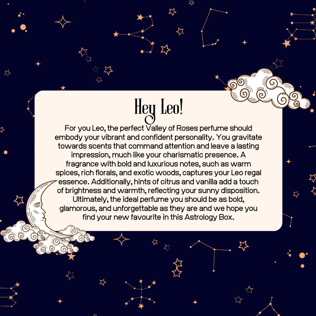 Leo Astrology Box for Her featuring Valley of Roses perfume that reflects vibrant personality and confidence.