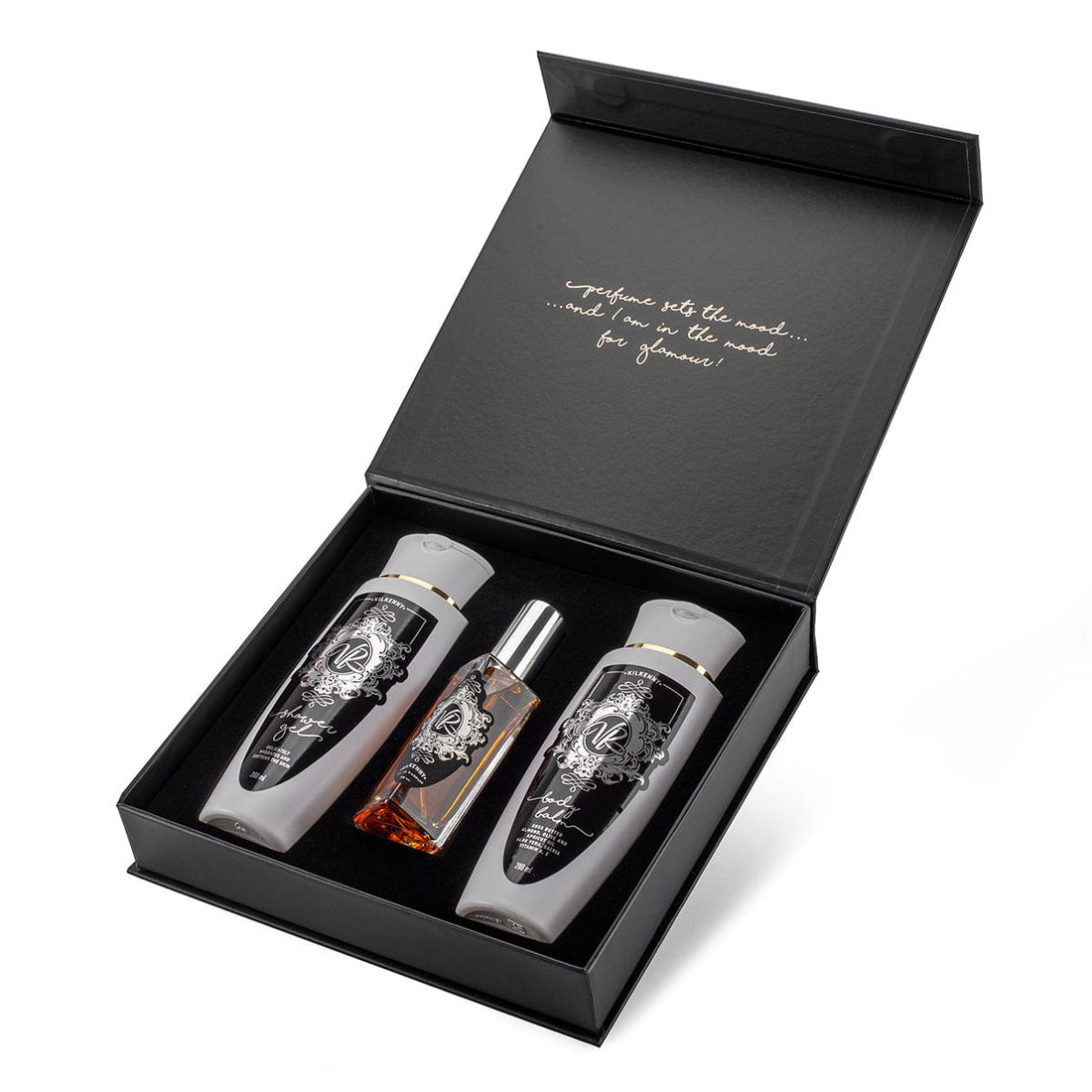 Perfume and Body Gift Set For HIM in sleek black box with luxurious shower gel, body lotion, and men's perfume.