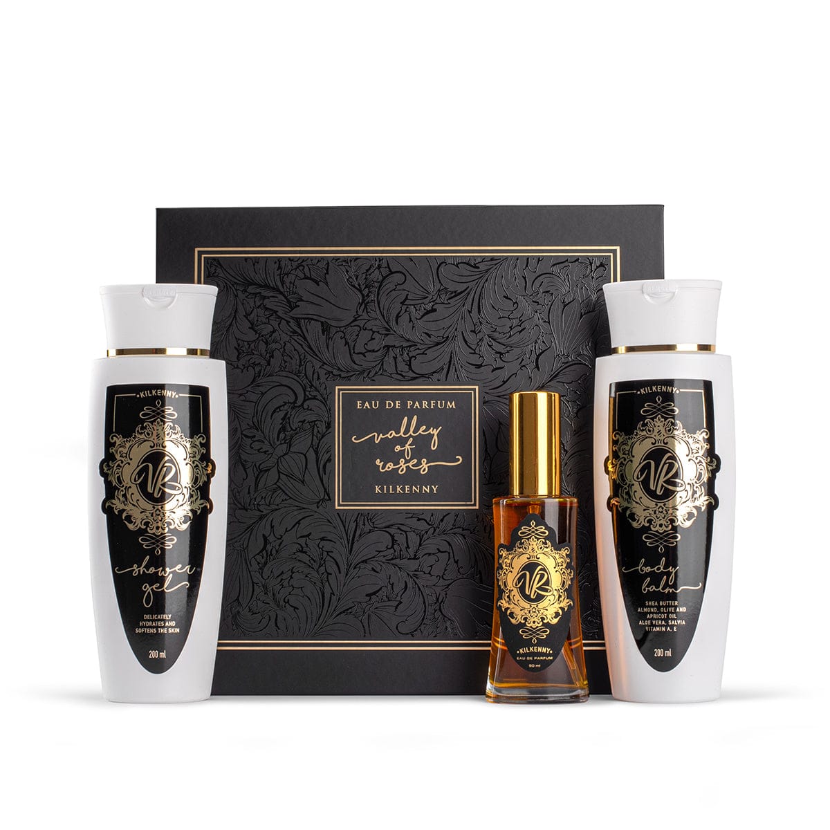 Perfume and Body Gift Set For HER featuring shower gel, body lotion, and perfume in a stylish Valley of Roses box.