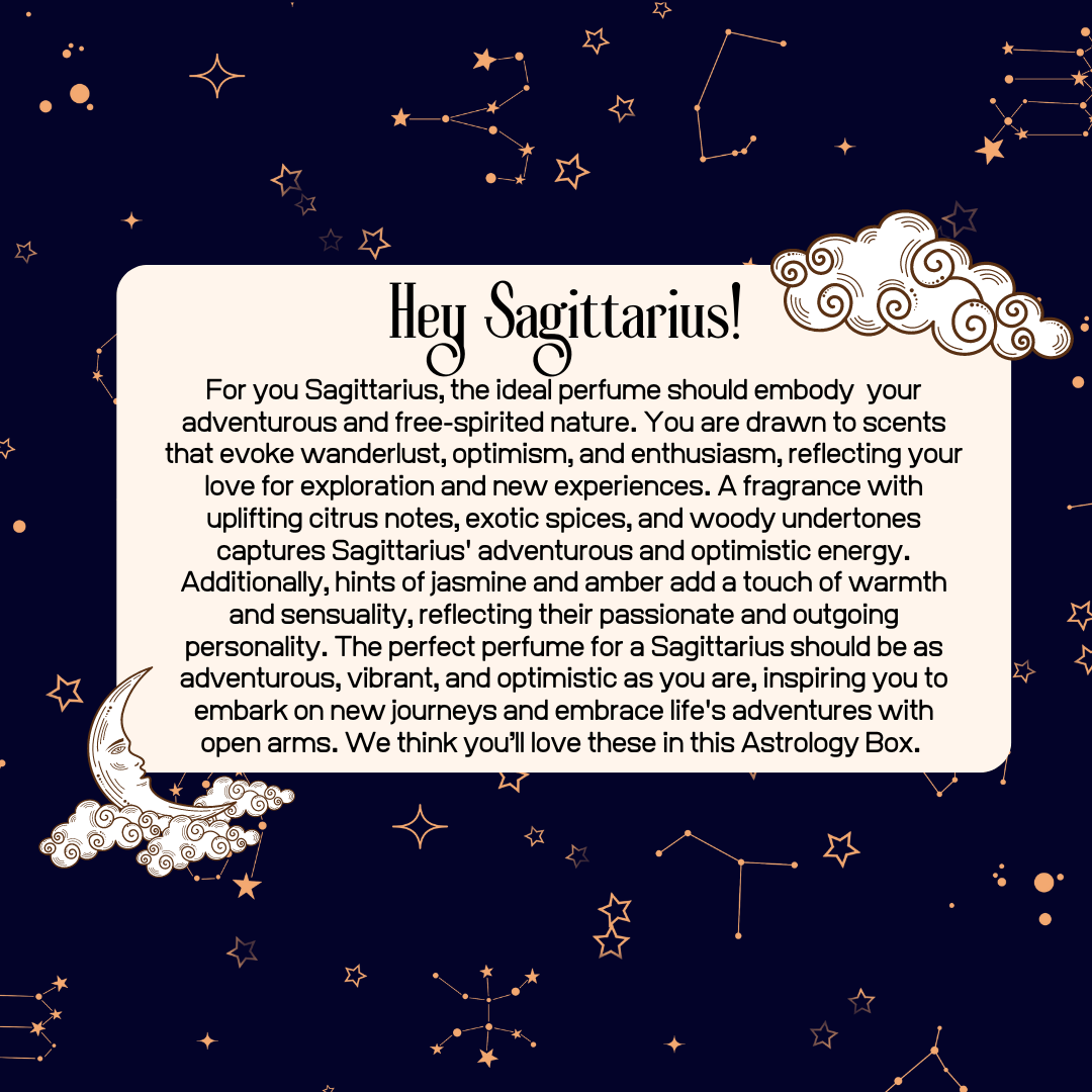Sagittarius Astrology Box for Her with vibrant colors and celestial theme, promoting adventurous perfumes and gifts.