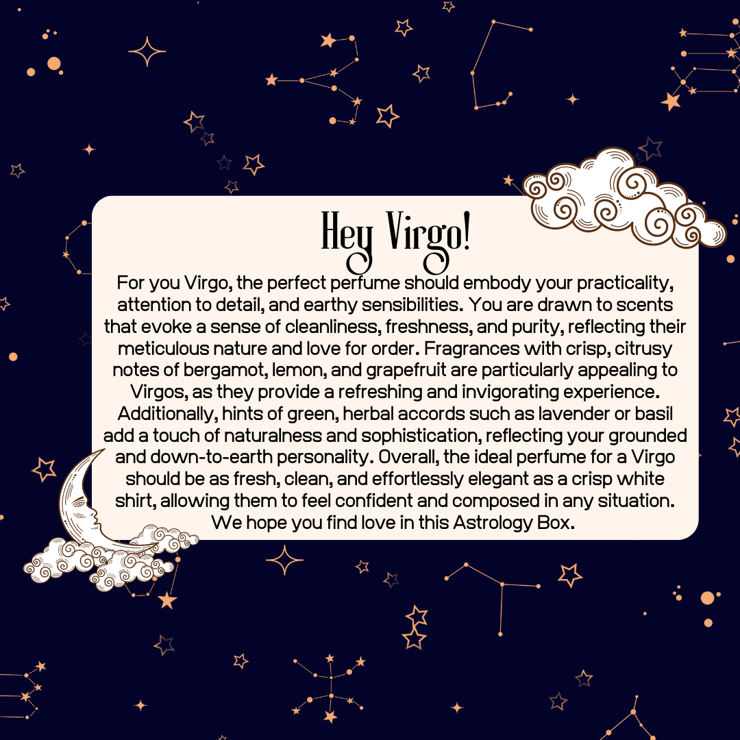Virgo Astrology Box for Her with elegant perfume recommendations and astrology theme, highlighting natural scents and sophistication.
