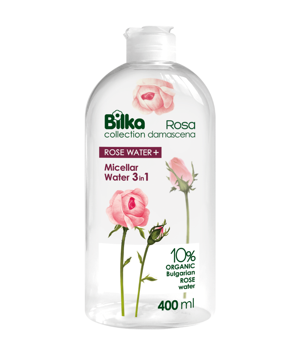 Micellar water 3 in 1 ROSE WATER+ 400 ml for gentle makeup removal, hydrating skin, and cleansing impurities.