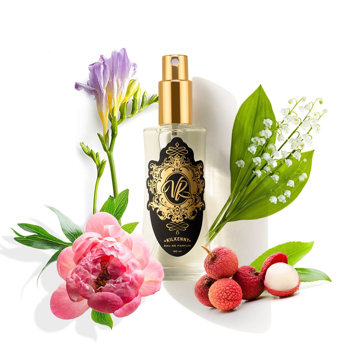 #071 INSPIRED BY... CHLOE perfume bottle surrounded by peony, litchi, freesia, and lily of the valley flowers.