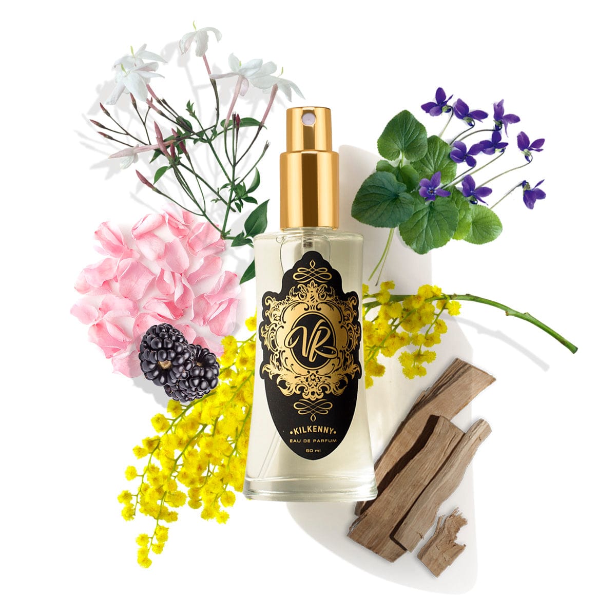 #085 INSPIRED BY... ROSE ESSENTIELLE perfume bottle surrounded by floral notes and natural elements, ideal for fragrance lovers.