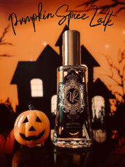 Pumpkin Spice Latte perfume bottle with a jack-o'-lantern in a Halloween setting, autumn fragrance, cozy scent, Valley of Roses