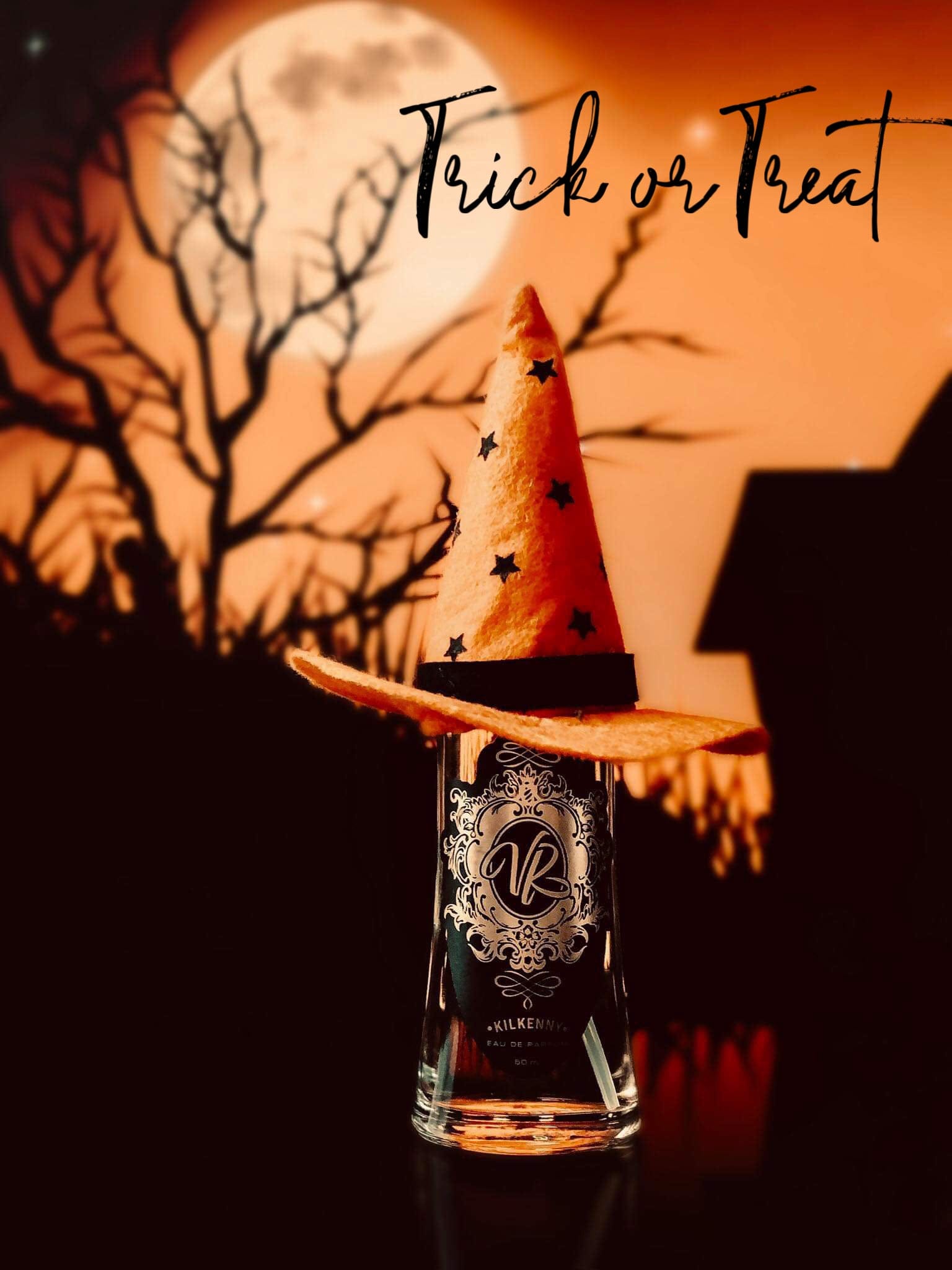 Trick or Treat perfume with witch hat, perfect for Halloween fragrances and gifts for her, floral notes, Valley of Roses.